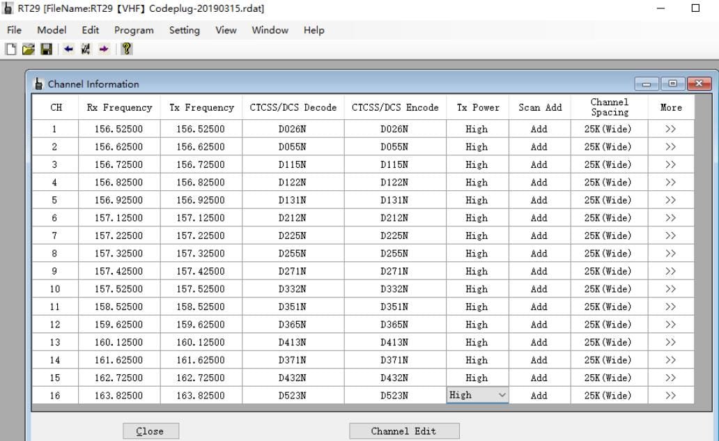 RT29 VHF default frequency