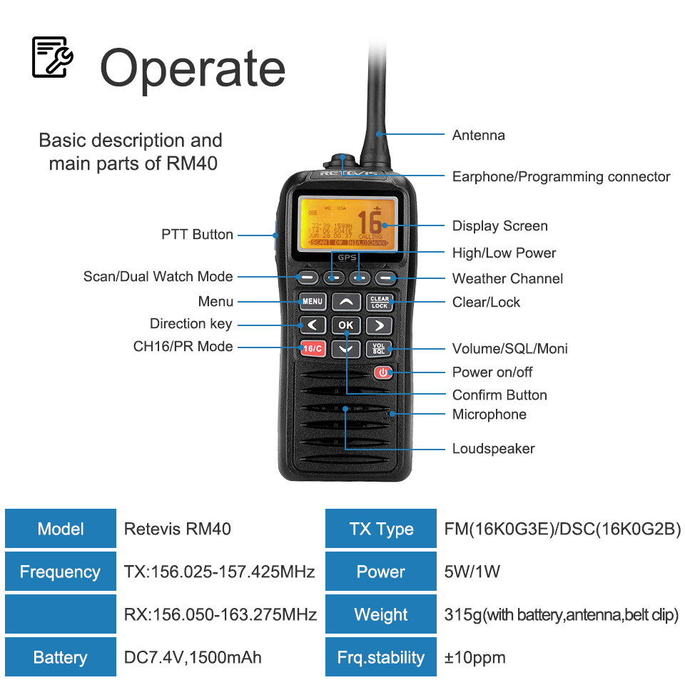 Retevis handheld marine VHF radio for boat