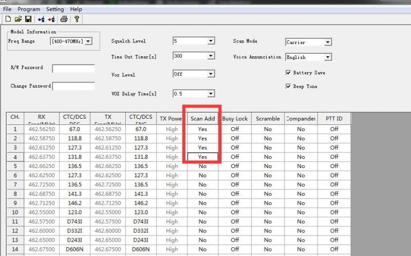 RB17 scan function in the software